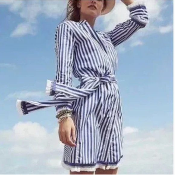 J.Crew Belted Cotton Poplin Tunic Dress Blue/White Stripe Tassels NWOT Size 0 - Picture 2 of 15
